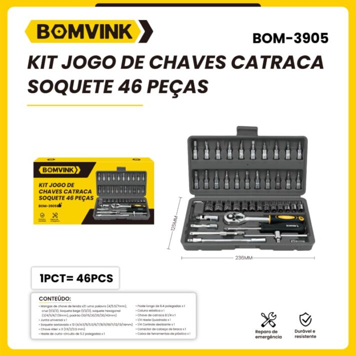 Maleta Jogo Conjunto Chave Catraca Reversível 46 Peças 1/4'' Soquetes resistente aço inox BOM-3905