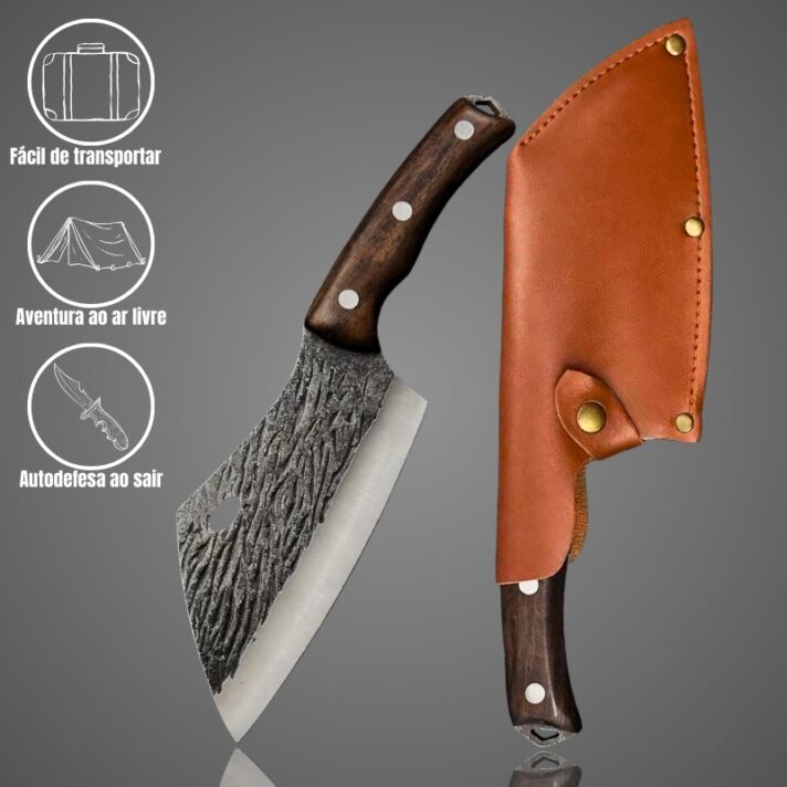 Faca Cutelo Forjado Artesanal Rustico Camping Chefe de Cozinha Com Bainha Couro DJ-336