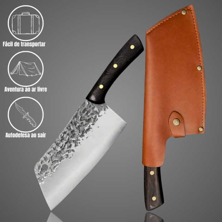 Faca Cutelo Forjado Artesanal Rustico Camping Chefe de Cozinha Com Bainha Couro DJ333