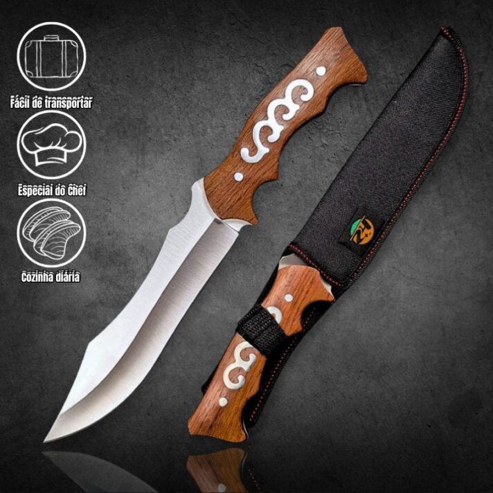 Faca De Caça e Pesca 31,5cm Fulltang em Aço Inox Cabo Madeira + Bainha 1626 / 06-1221