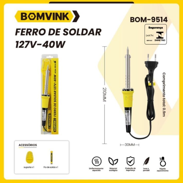 Kit Ferro De Solda Com Estanho e Suporte Profissional 40W 127V BOMVINK BOM-9514