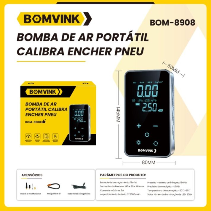 Bomba de Ar Portátil Para Calibra/Encher Pneu BOMVINK BOM-8908