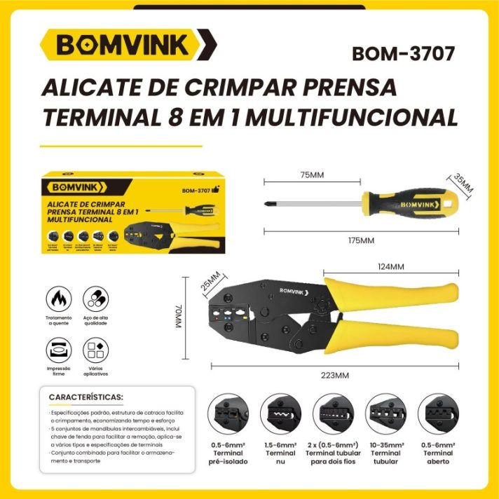 Alicate de Crimpar Prensa Terminal 8 em 1 Multifuncional BOMVINK BOM-3707