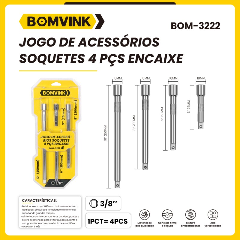 JOGO DE ACESSÓRIOS SOQUETES 4 PCS ENCAIXE BOMVINK BOM-3222 – CJ