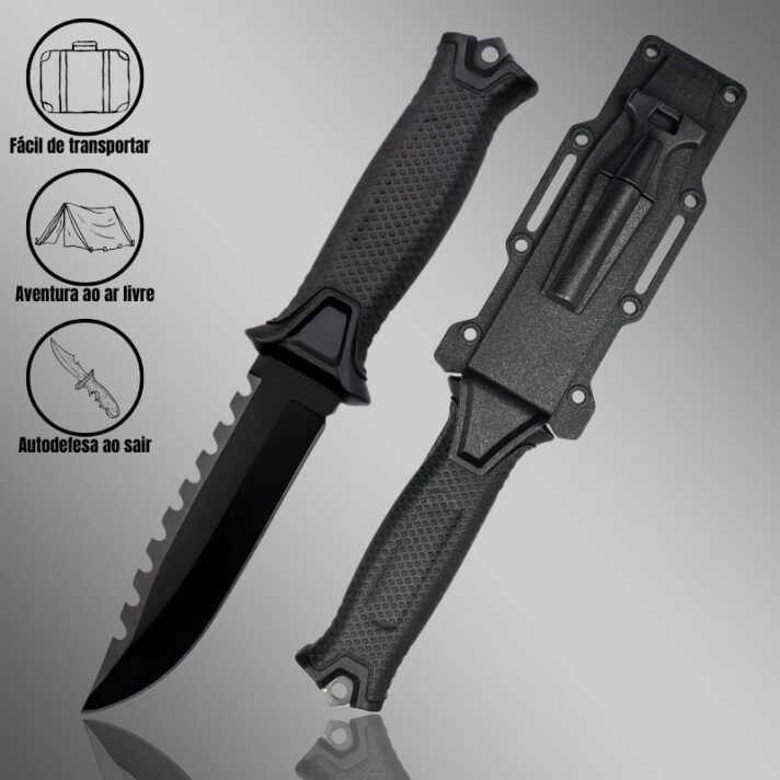 Faca Tática 24,5 cm C/ Serrilhado no Dorso, Cabo Emborrachado + Bainha c/ Pederneira GK-02B