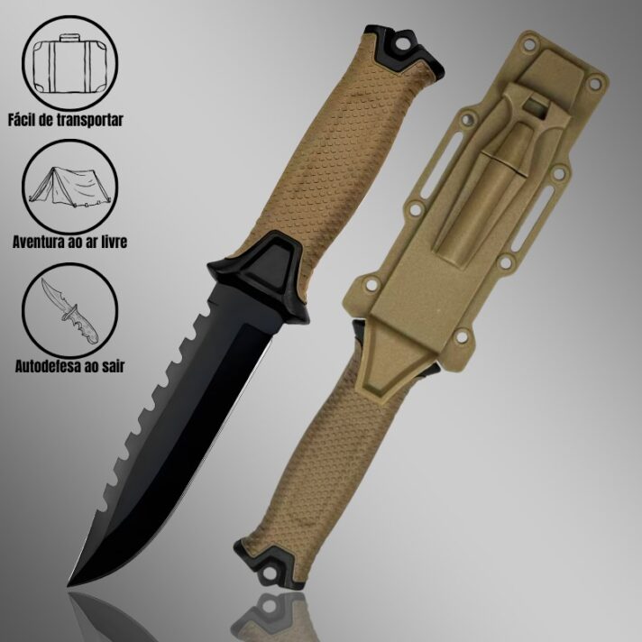 Faca Tática 24,5 cm C/ Serrilhado no Dorso, Cabo Emborrachado + Bainha c/ Pederneira GK02-C
