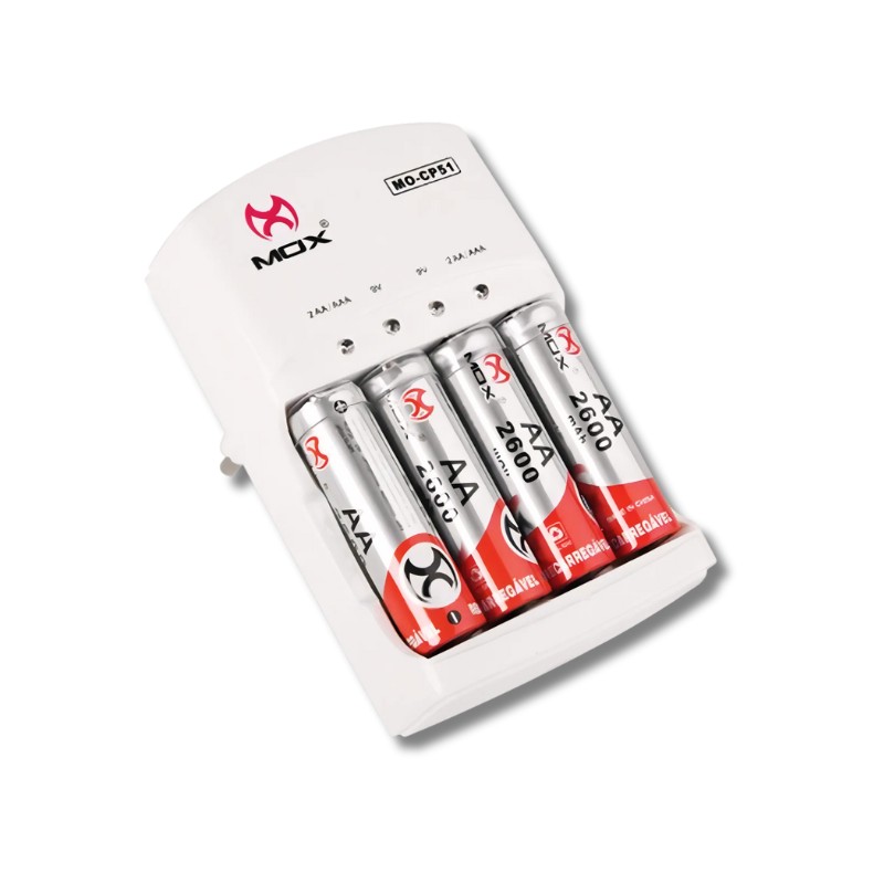 Carregador de Pilhas Bivolt + 4 AA Pilhas Recarregáveis 2700mAh Mox MO-CP51