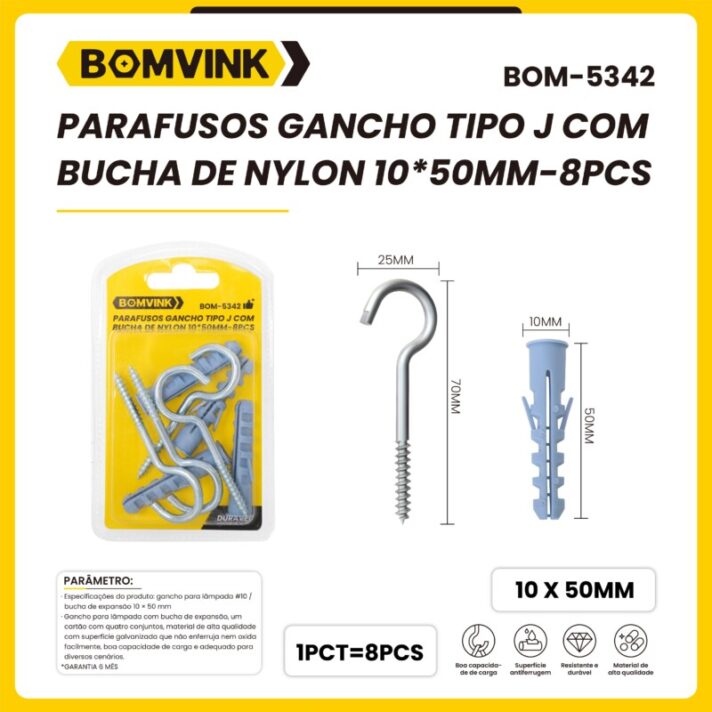 PARAFUSOS GANCHO TIPO J COM BUCHA DE NYLON 10*50MM-8PÇS BOMVINK BOM-5342