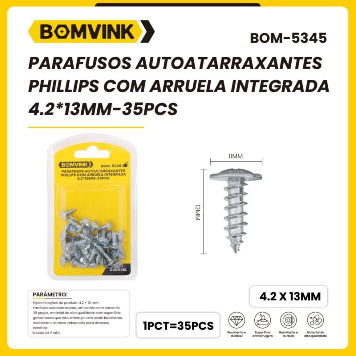 PARAFUSOS AUTOTARRAXANTES PHILLIPS COM ARRUELA INTEGRADA 4.3*13MM - 35 PÇS BOMVINK BOM-5345