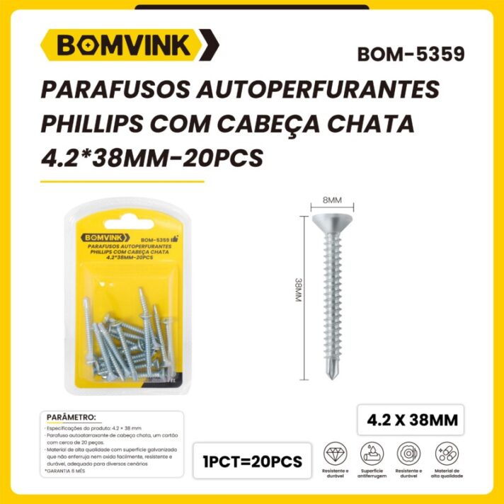PARAFUSOS AUTOPERFURANTES PHILLIPS COM CABEÇA CHATA 4.2*38MM-20PÇS BOMVINK BOM-5359
