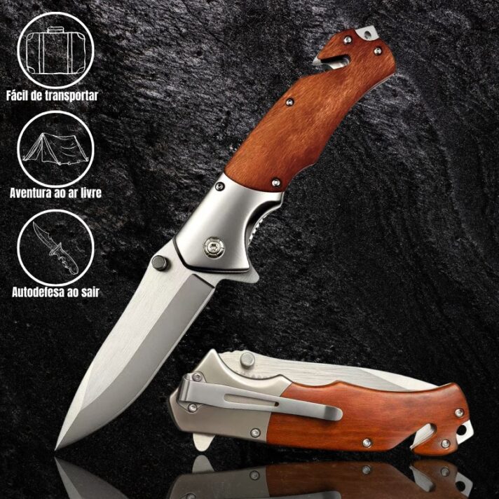 Canivete Semiautomático 22cm em Aço Inox, Cabo em Mogno com Clip e Corta Cinto TC28