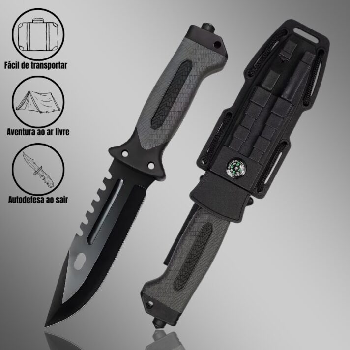 Faca Tática 27,5cm Aço 440 c/ Serrilhado no Dorso e Cabo Emborrachado c/ Quebra Vidros+ Bainha com Bússola e Pederneira GK01-B