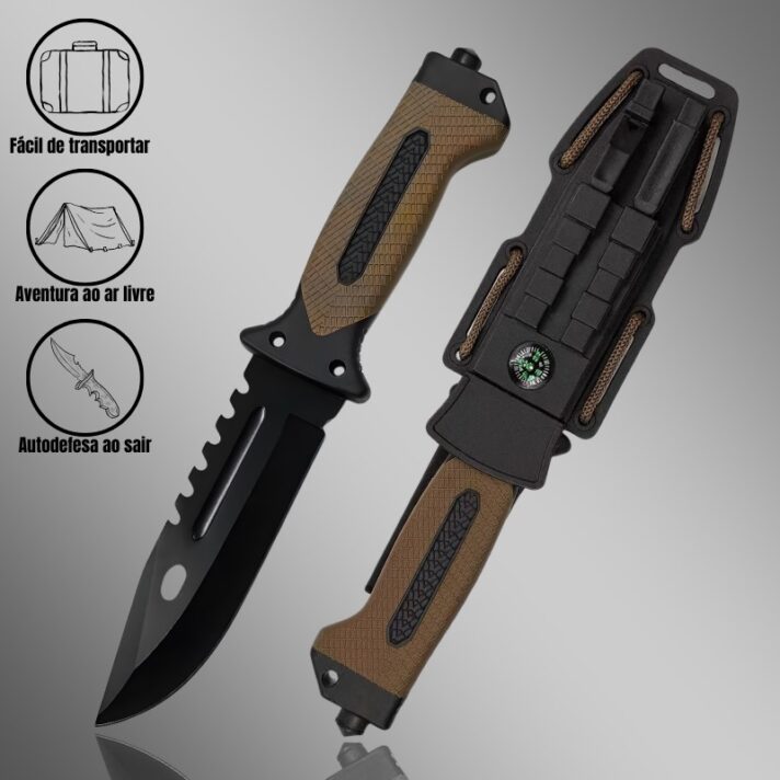 Faca Tática 27,5cm Aço 440 c/ Serrilhado no Dorso e Cabo Emborrachado c/ Quebra Vidros+ Bainha com Bússola e Pederneira GK01-C