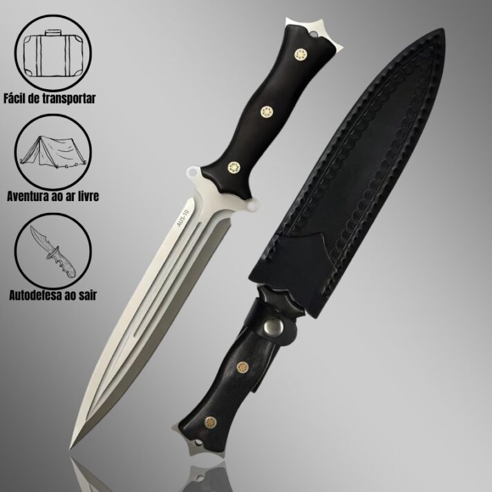 Faca Punhal 33cm Lâmina AUS-10 dois Gumes e Cabo em Ébano Negro + Bainha de Couro Premium GD-A17