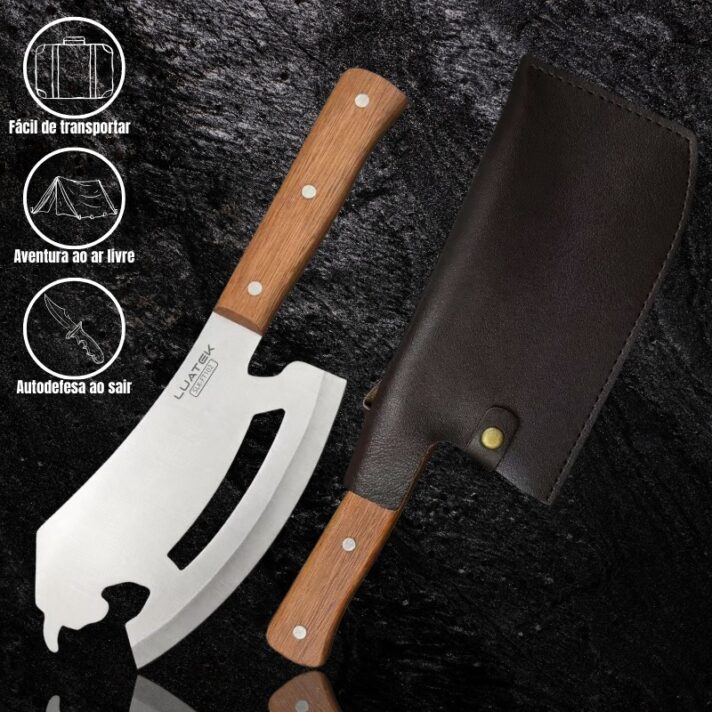 Faca Cutelo Design Touro 33,5cm em Aço Inox com cabo de Madeira Tradicional + Bainha Couro SLK-FT102