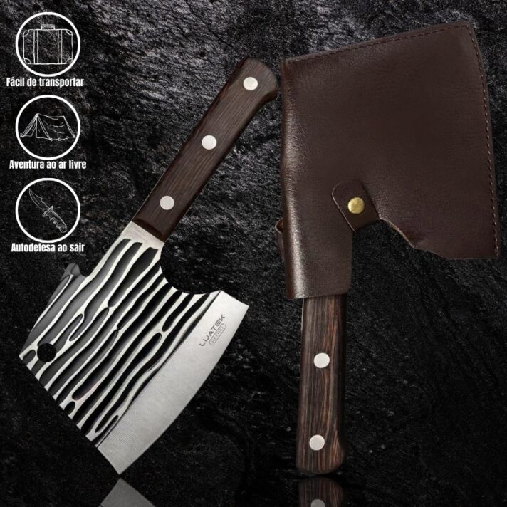 Faca Cutelo 29,5cm em Aço Inox com Cabo Tradicional de Madeira + Bainha de Couro SLK-FT103