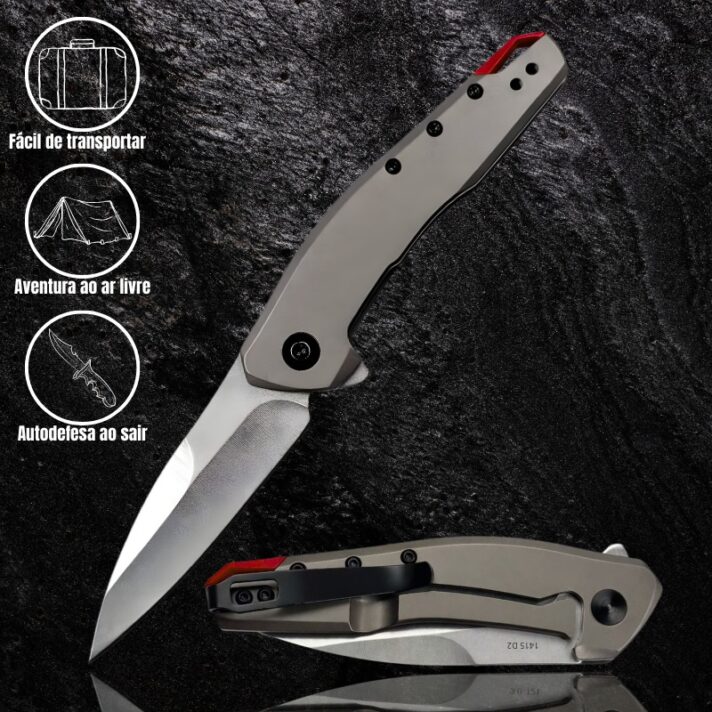 Canivete Semiautomático 18cm Lâmina Aço Especial D2 e Cabo de Aço Inoxidável c/ Clip - KER1415