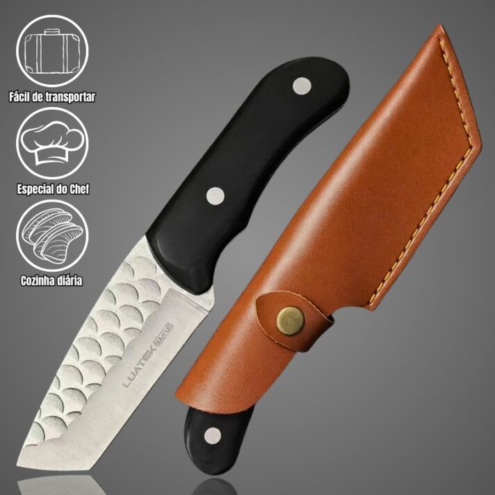 Faca Pequena Portatil 20cm Fulltang Inox Cabo Madeira C/ Bainha em couro AF137