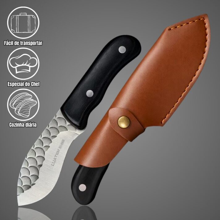 Faca Pequena Portatil 20,6cm Fulltang Inox Cabo Madeira C/ Bainha em couro AF138