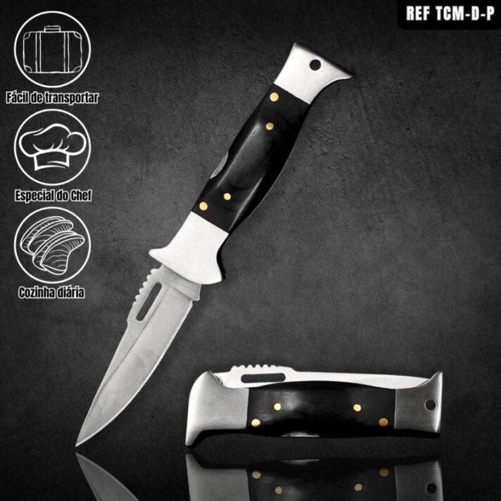 Canivete Dobrável 15,5cm Trava De Segurança, C/ Descamador de Peixe E Cabo Madeira Preto TCM-D-P