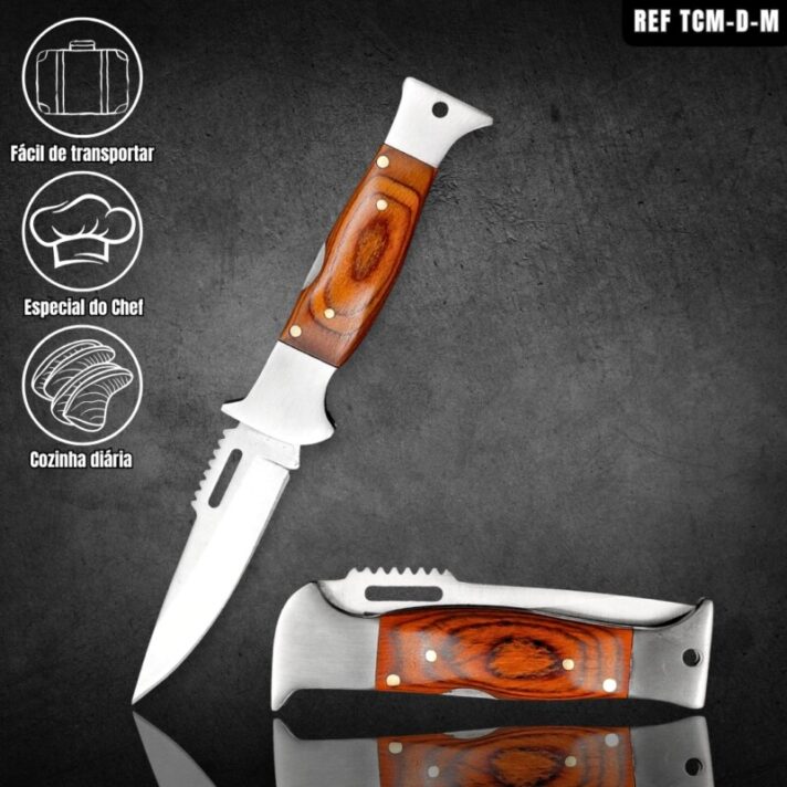 Canivete Dobrável 19,5cm Trava De Segurança, C/ Descamador de Peixe E Cabo Madeira Marrom TCM-C-M