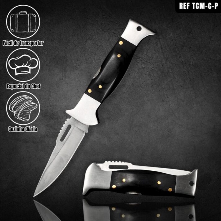 Canivete Dobrável 19,5cm Trava De Segurança, C/ Descamador de Peixe E Cabo Madeira Marrom TCM-C-P