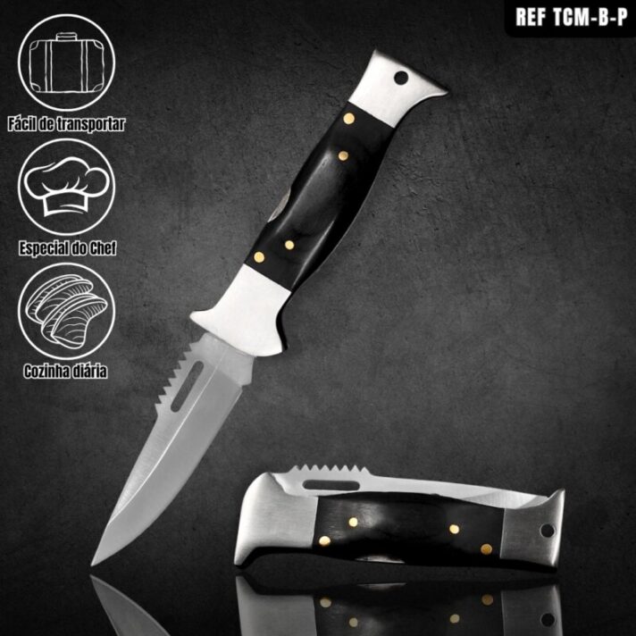 Canivete Dobrável 21,5cm Trava De Segurança, C/ Descamador de Peixe E Cabo Madeira Preto TCM-B-P