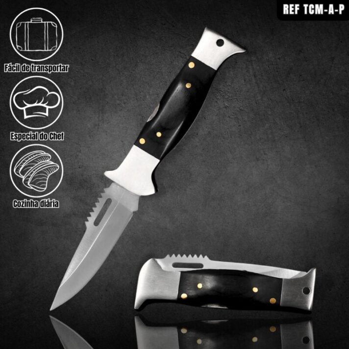 Canivete Dobrável 26cm Trava De Segurança, C/ Descamador de Peixe E Cabo Madeira Preto TCM-A-P
