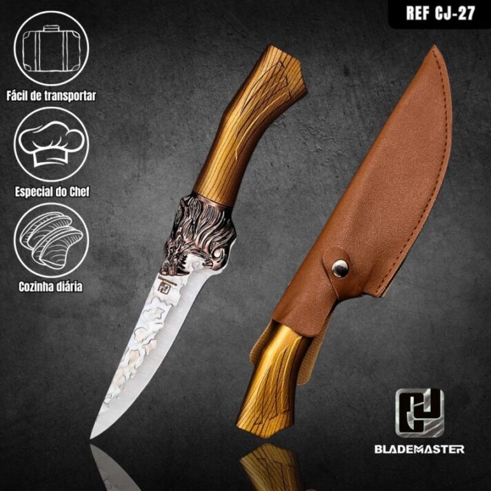 Faca Cutelo Artesanal Do Chefe Leao Cabo Abs + Bainha de Couro CJ-27