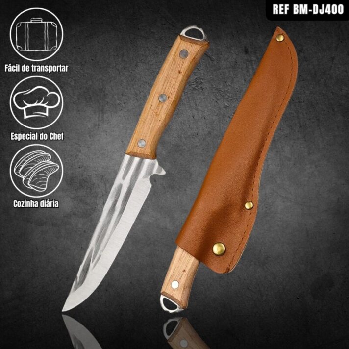 Faca Churrasco e Pesca com 28cm em Aço Inoxidável e Cabo Madeira + Bainha De Couro DJ400