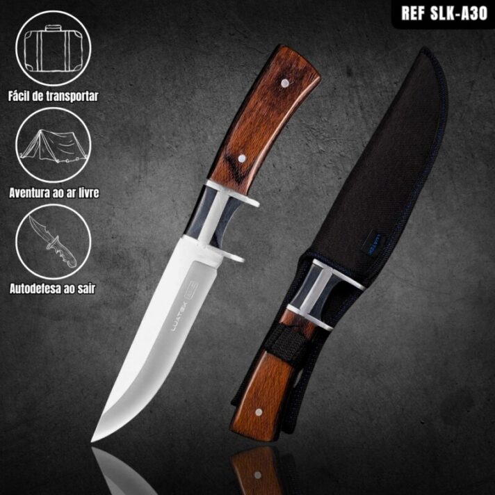 Faca de Caça e Pesca Full Tang 30cm em Aço 440 e Cabo de Madeira com Guarda de Aço + Bainha de Nylon Resistente SLK-A30