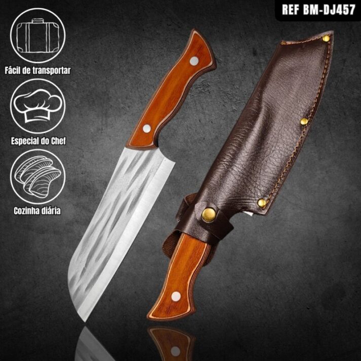 Faca do Chef Full Tang 32cm em Aço Inoxidável e Cabo de Madeira + Bainha de Couro BM-DJ457
