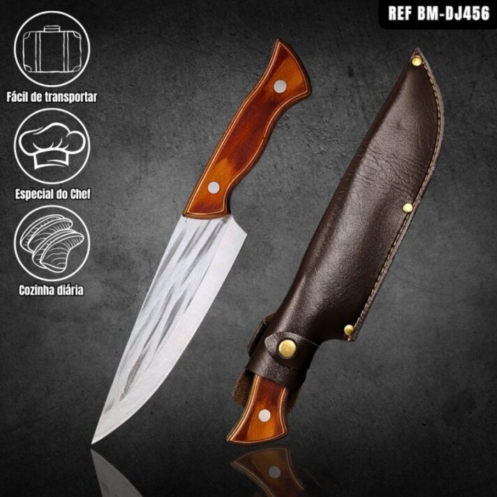 Faca do Chef Full Tang 32cm em Aço Inoxidável e Cabo de Madeira + Bainha de Couro BM-DJ456