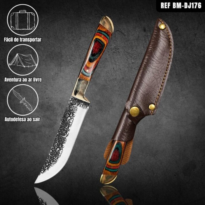 Faca de Camping Full Tang 20cm com Gravura no Dorso Guarda e Pomo de Latão com Cabo de Madeira + Bainha de Couro BM-DJ176