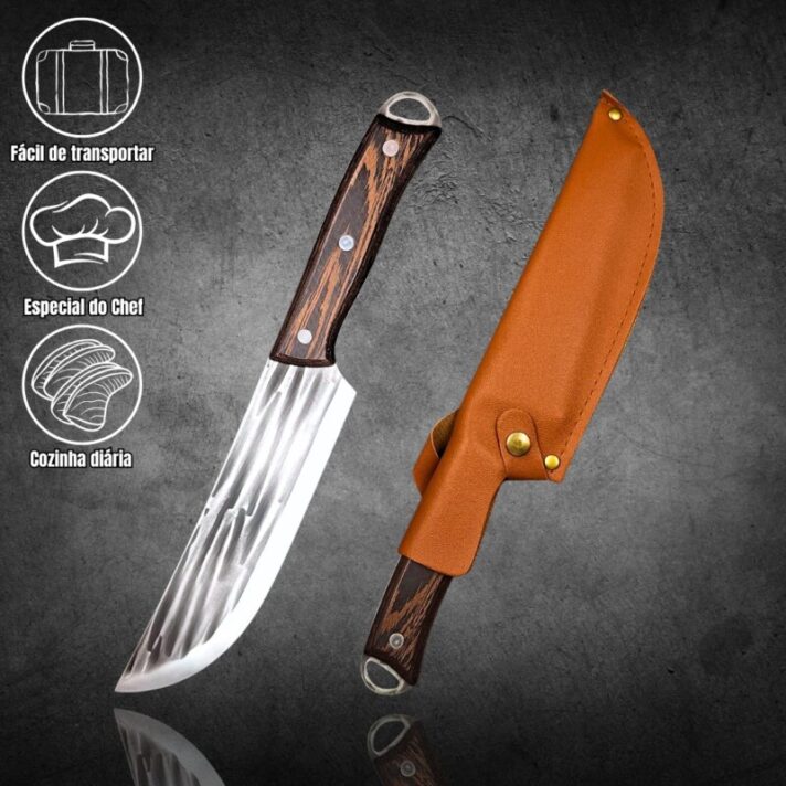 Faca Cutelo Artesanal, Chef 32cm, Cabo Madeira c/ Anel + Bainha Couro DJ398