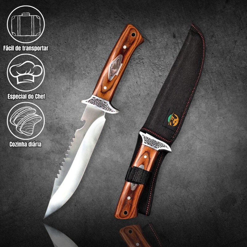 Faca Caça e Pesca 30,5cm Cabo de Madeira e Guarda de Metal TB-0939