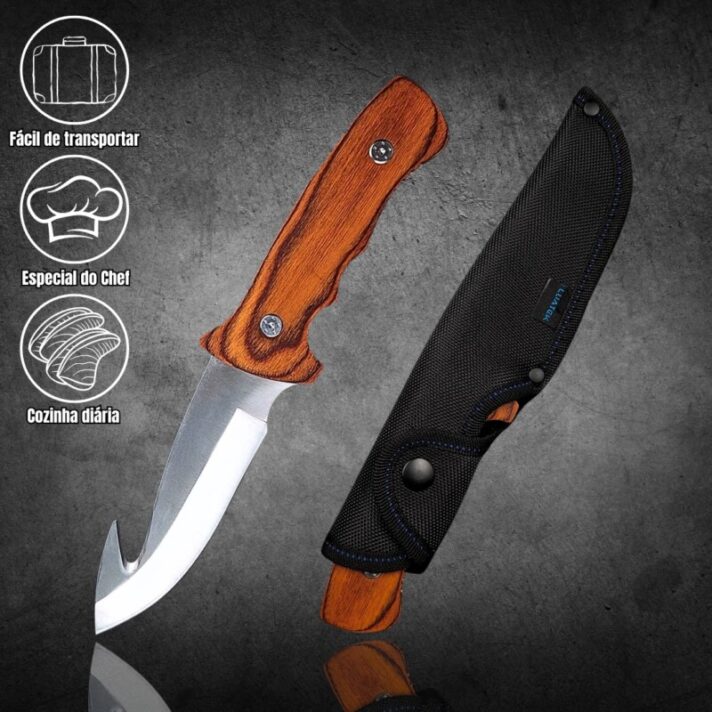 Faca Caça e Pesca 27cm Cabo de Madeira e curvatura na ponta da lamina SLK-A259