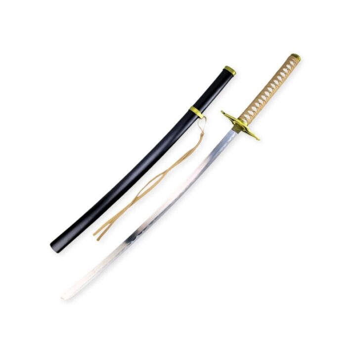 Katana sem Fio com Bainha para Cosplay na Cor Preta e Dourado + Suporte de Mesa de Madeira SLK-H31
