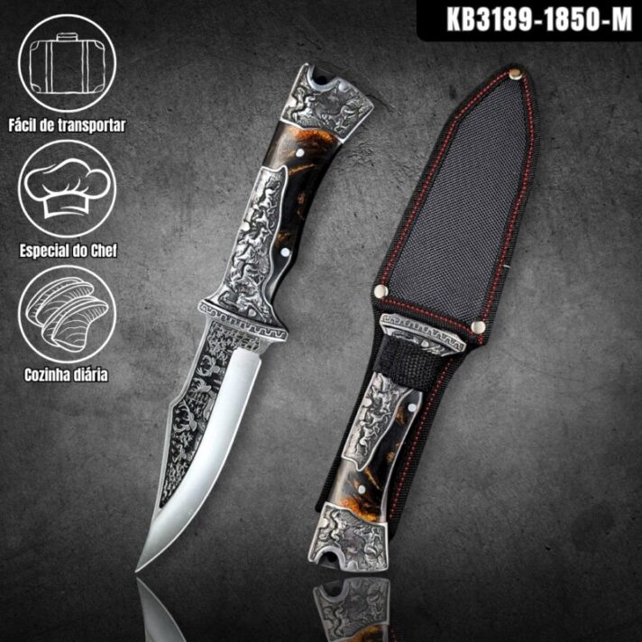 Faca de Caça e Pesca 27cm com Gravuras no Dorso, Guarda, Cabo e Pomo + Bainha Reforçada KB3189 / 1850-M