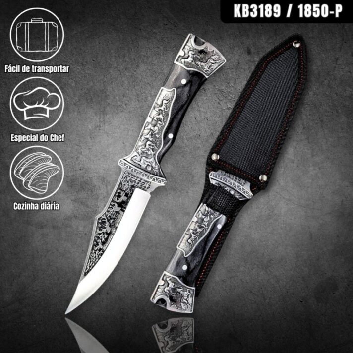 Faca de Caça e Pesca 27cm com Gravuras no Dorso, Guarda, Cabo e Pomo + Bainha Reforçada KB3189 / 1850-P