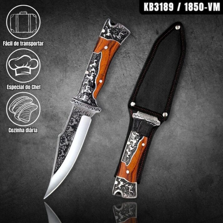 Faca de Caça e Pesca 27cm com Gravuras no Dorso, Guarda, Cabo e Pomo + Bainha Reforçada KB3189 / 1850-VM
