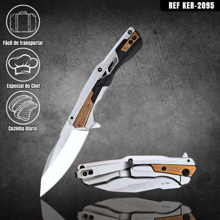 Canivete Semiautomático 19cm Aço Especial D2 e Cabo 440C + Latão c/ Clip e trava KER-2095