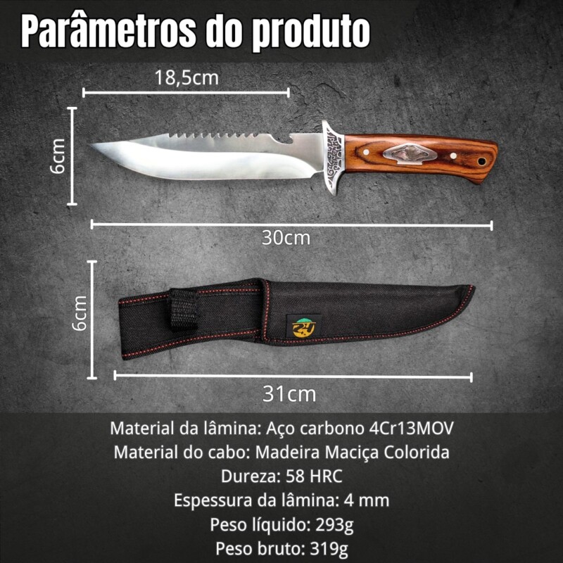 Faca Caça e Pesca 30,5cm Cabo de Madeira e Guarda de Metal TB-0939 - Imagem 2