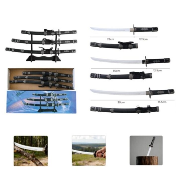 Kit com Três Katanas Colecionáveis em Inox sem Fio com Suporte de Madeira SLK-H30
