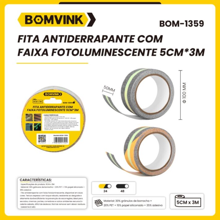 FITA ANTIDERRAPANTE COM FAIXA FOTOLUMINESCENTE 5CM*3M BOMVINK BOM-1359