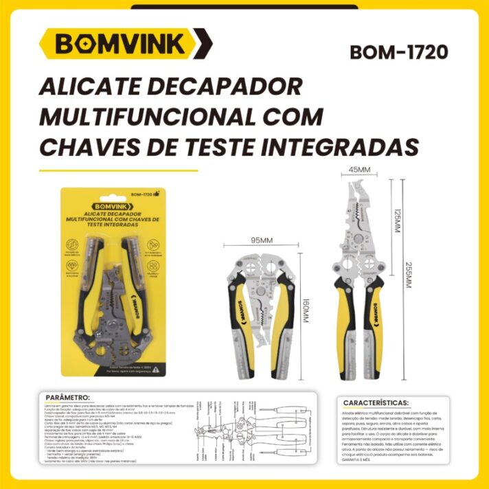 ALICATE DECAPADOR MULTIFUNCIONAL COM CHAVES DE TESTE INTEGRADAS BOMVINK BOM-1720