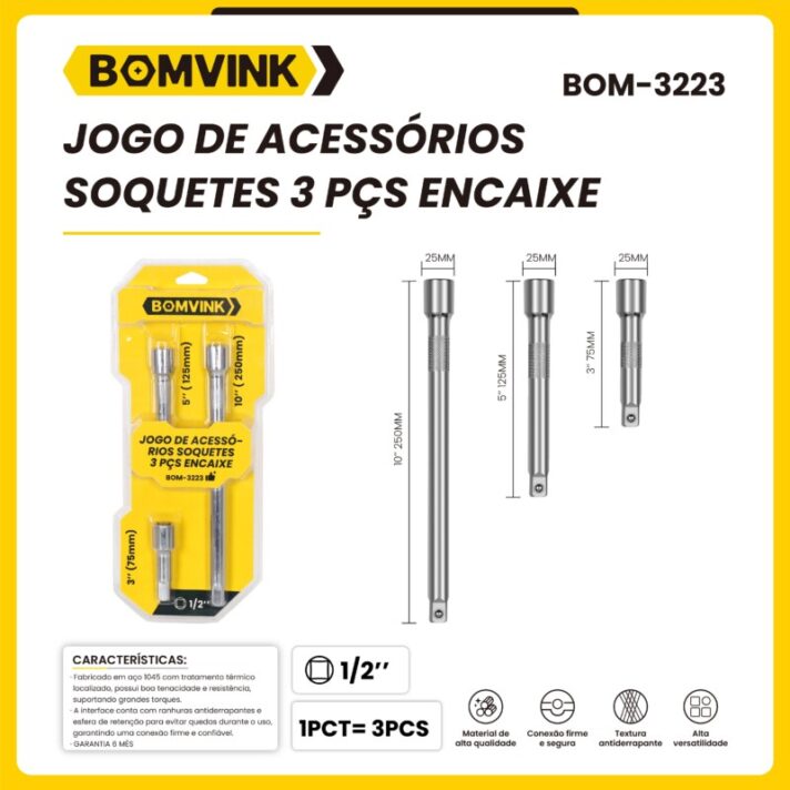 JOGO DE ACESSÓRIOS SOQUETES 3 PÇS ENCAIXE BOMVINK BOM-3223