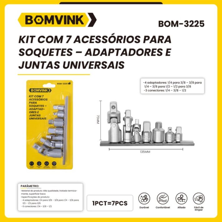 KIT COM7 ACESSÓRIOS PARA SOQUETES-ADAPTADORES E JUNTAS UNIVERSAIS BOMVINK BOM-3225