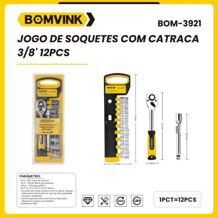 JOGO DE SOQUETES COM CATRACA 3/8" 12 PCS BOMVINK BOM-3921
