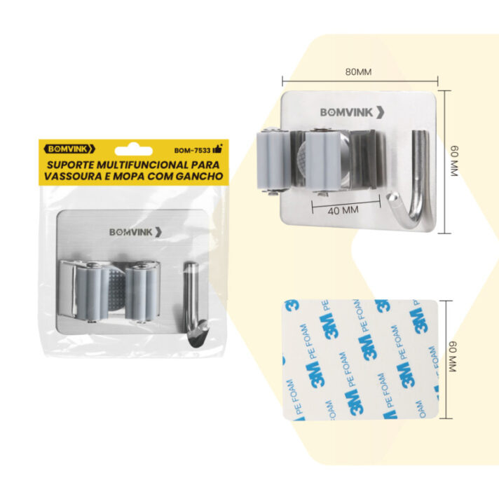 SUPORTE MULTIFUNCIONAL PARA VASSOURA E MOP COM GANCHO BOMVINK BOM-7533